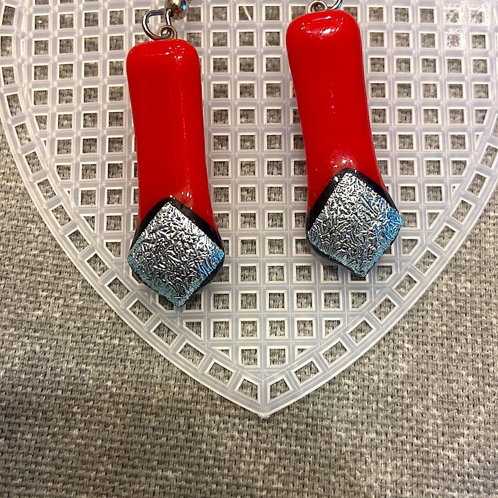 Handmade Striking Red and Silver Dichroic Crackle Glass Geometric Drop Earrings